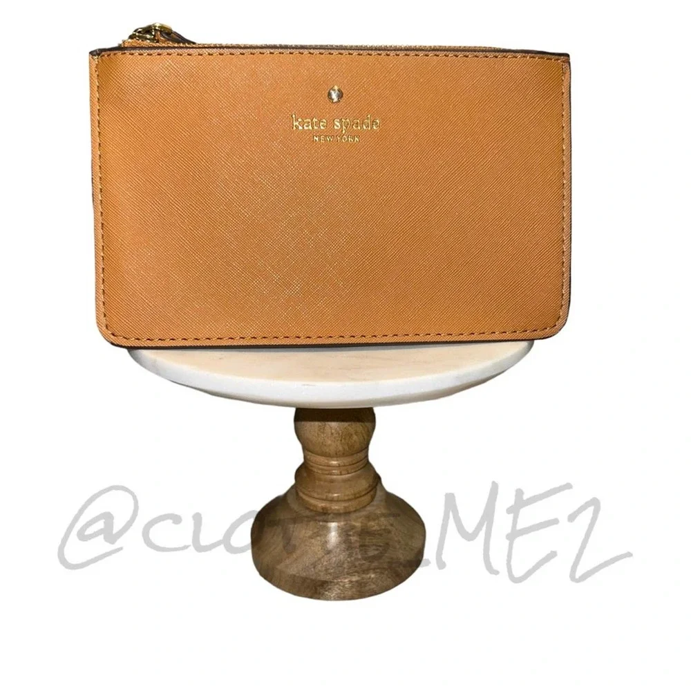 KATE SPADE - Leather Wristlet Pouchette, brown/light fawn color